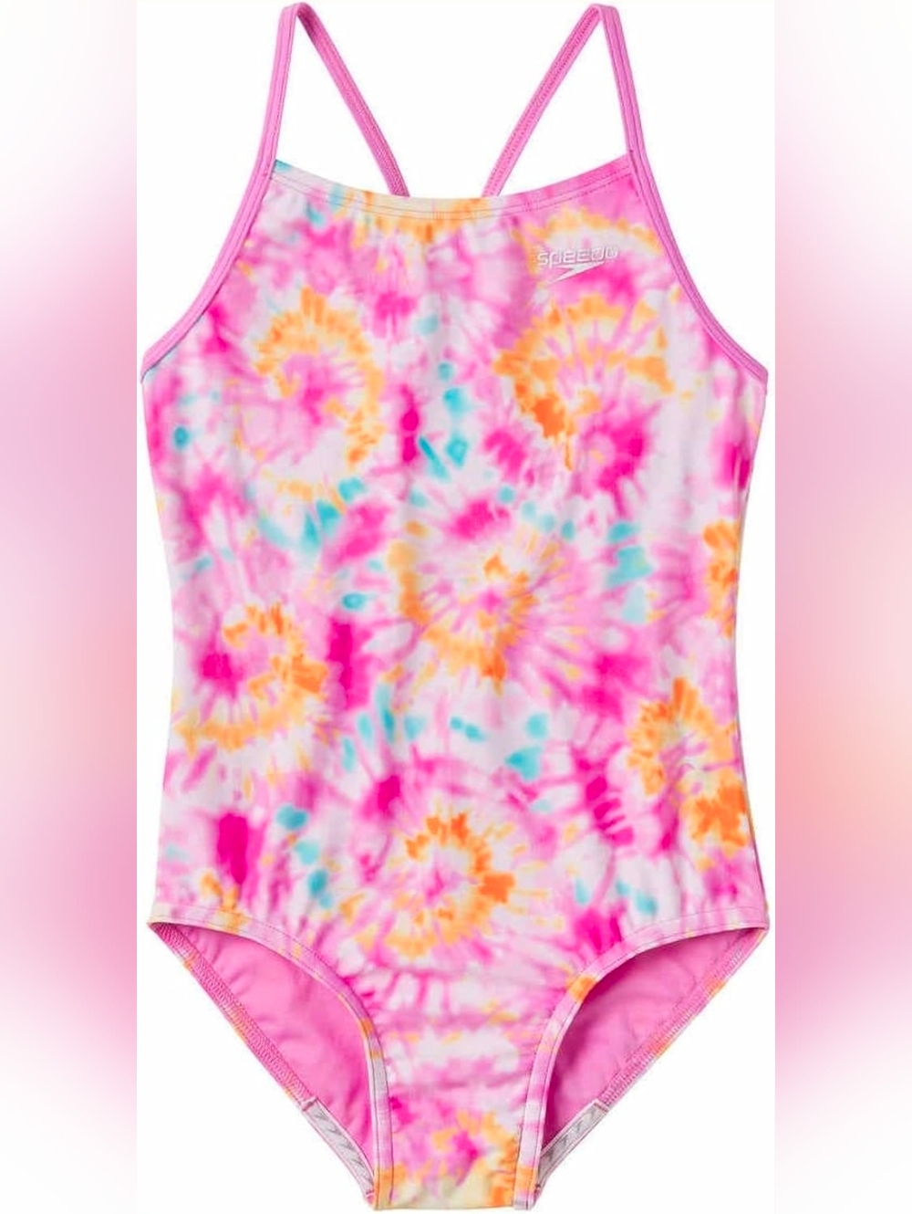 Speedo Girls Pink Tie-Dye One Piece Swimsuit with Orange & Teal Accents